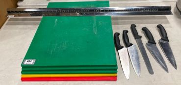 (5) CUTTING BOARDS WITH (5) ASSORTED KNIVES & 44" ORDER RAIL