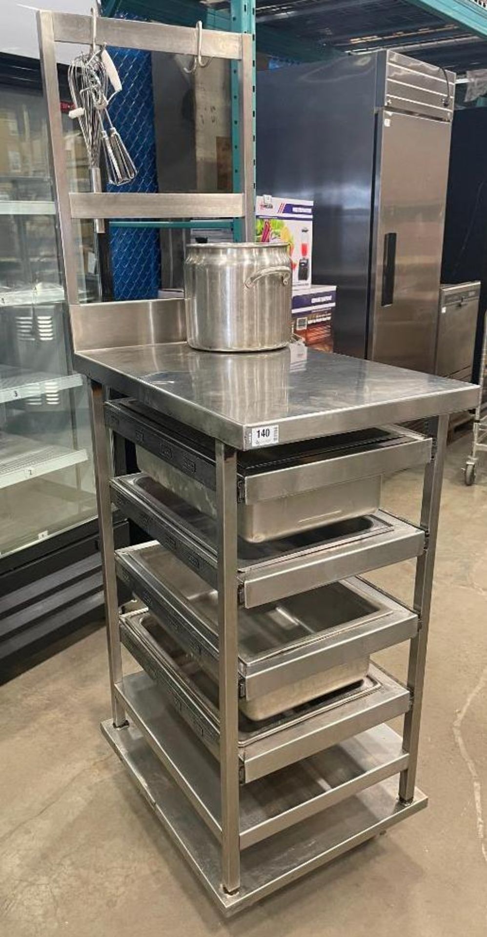 STAINLESS STEEL MOBILE PREP TABLE WITH 4 DRAWERS & POT RACK - Image 2 of 11