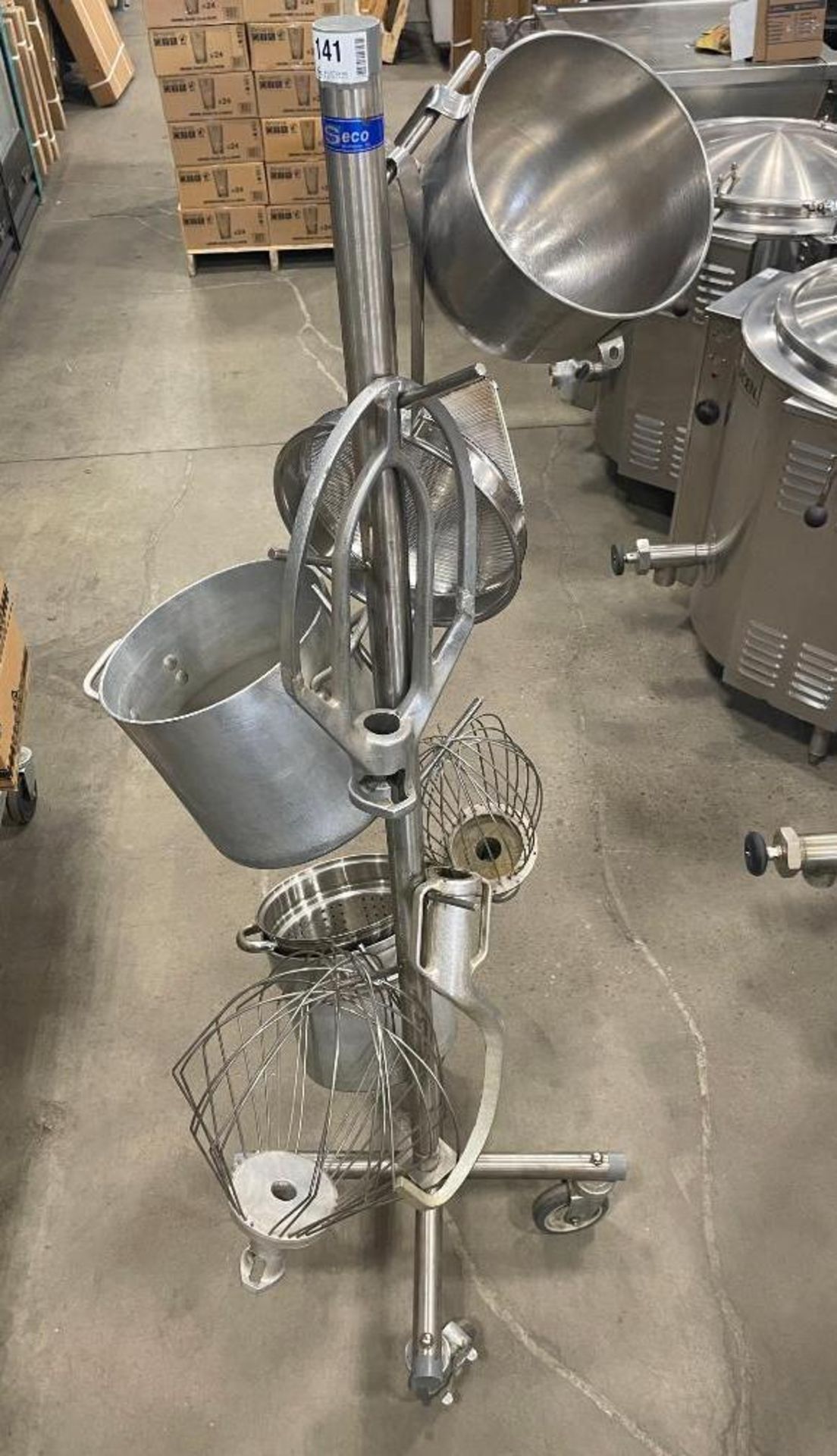 STAINLESS STEEL MOBILE ATTACHMENT STORAGE CART W/ MIXER ATTACHMENTS & ASSORTED POTS - Image 9 of 9