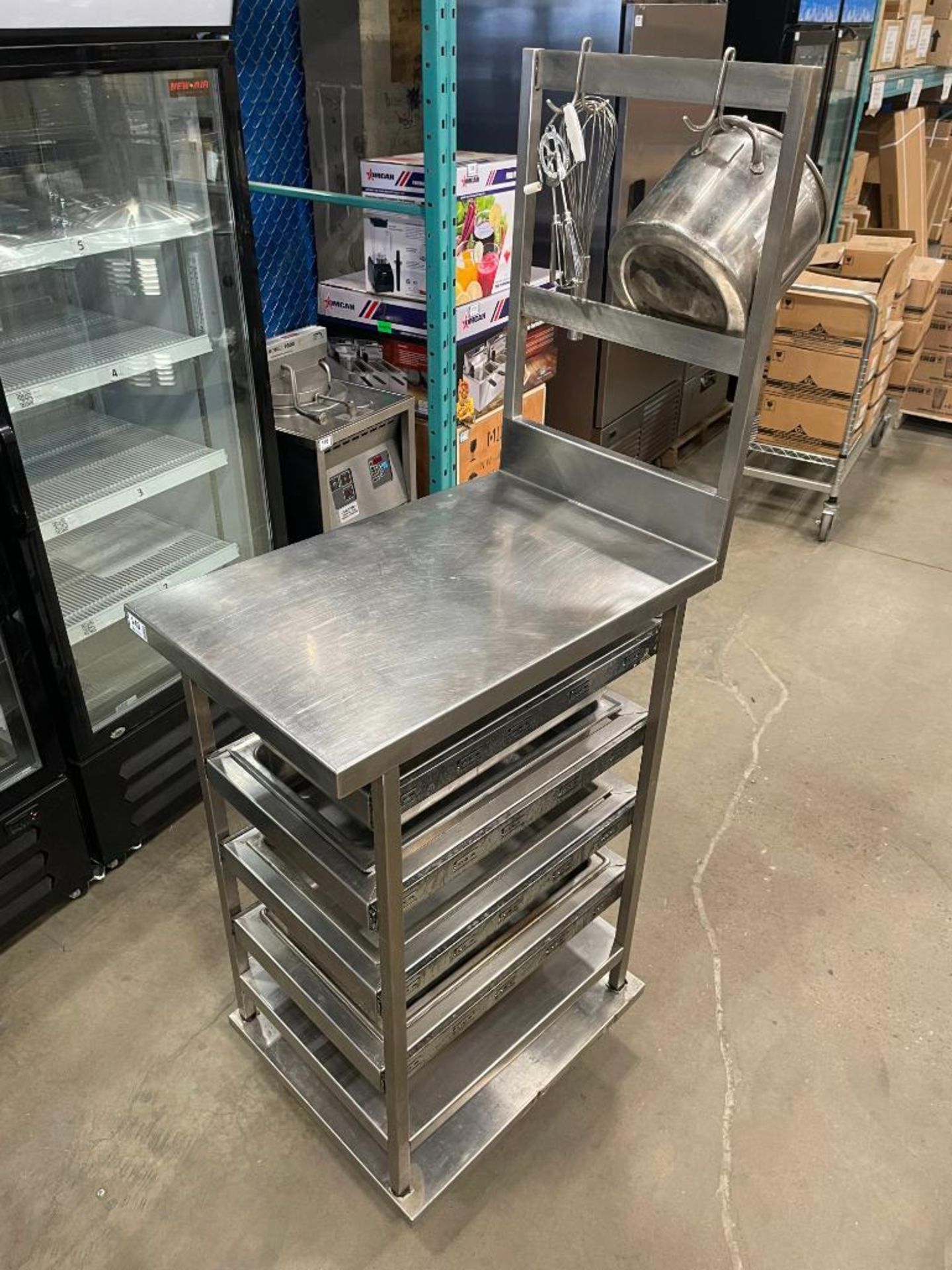 STAINLESS STEEL MOBILE PREP TABLE WITH 4 DRAWERS & POT RACK - Image 11 of 11