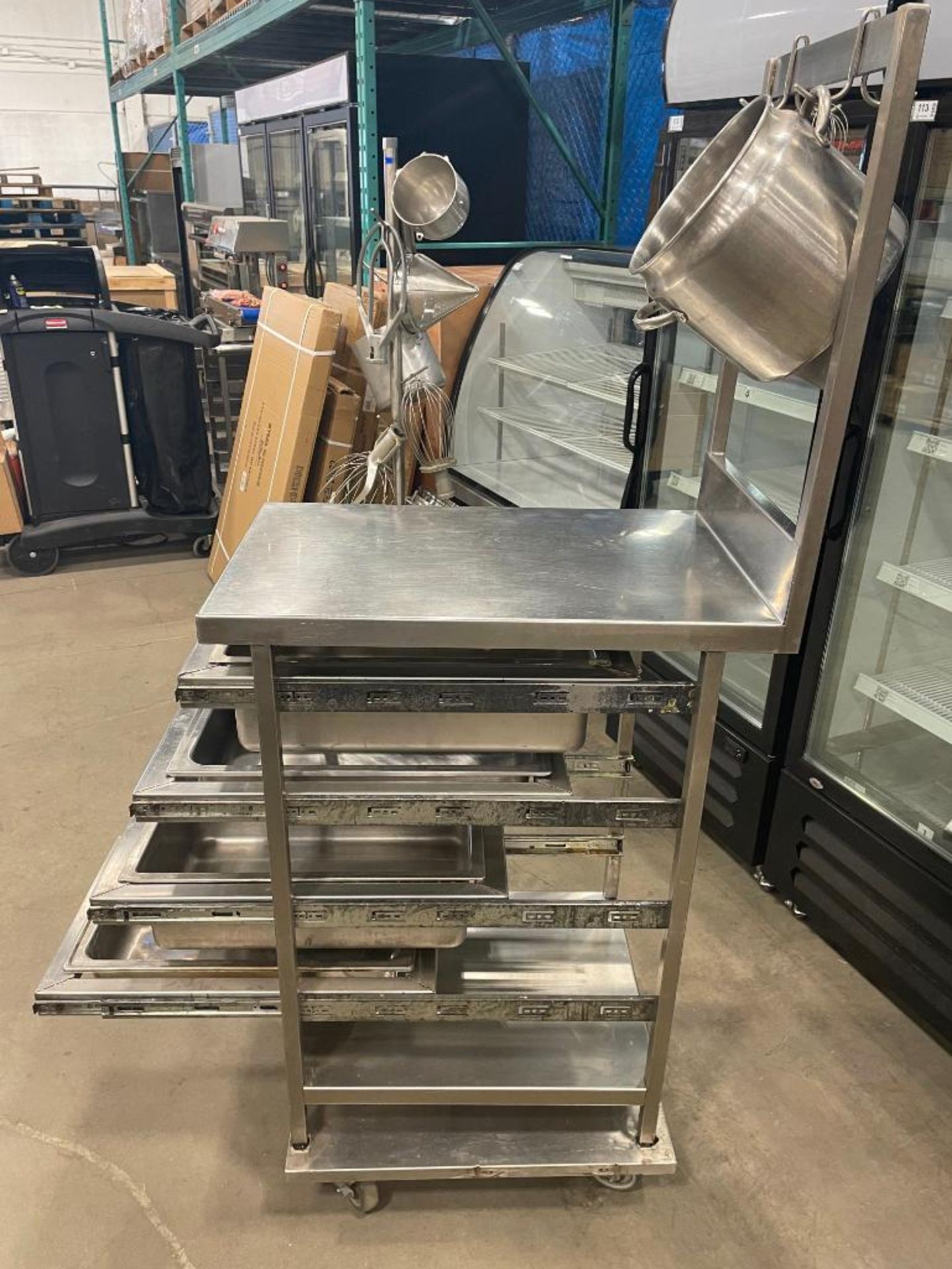 STAINLESS STEEL MOBILE PREP TABLE WITH 4 DRAWERS & POT RACK - Image 9 of 11