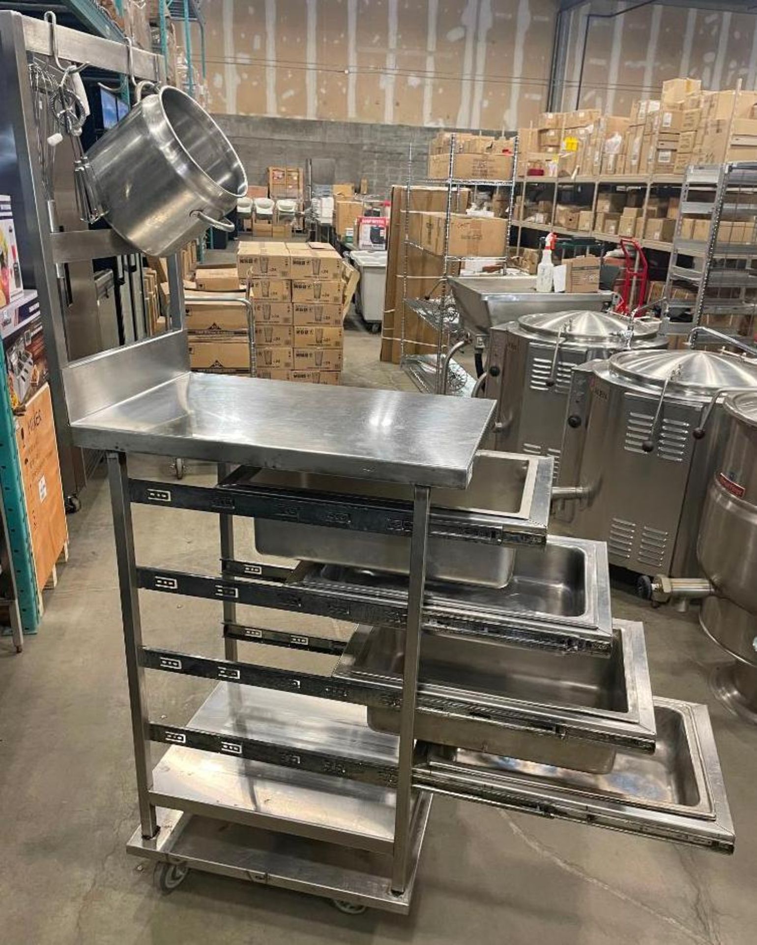 STAINLESS STEEL MOBILE PREP TABLE WITH 4 DRAWERS & POT RACK