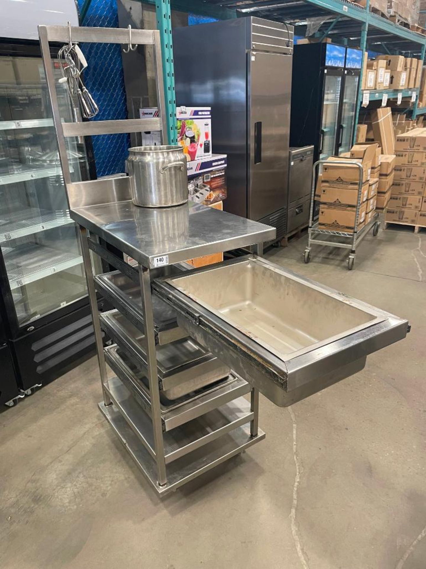 STAINLESS STEEL MOBILE PREP TABLE WITH 4 DRAWERS & POT RACK - Image 6 of 11
