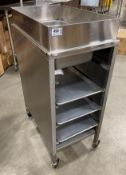 STAINLESS STEEL MOBILE BREADING CART WITH (3) HALF SIZE BUN PANS