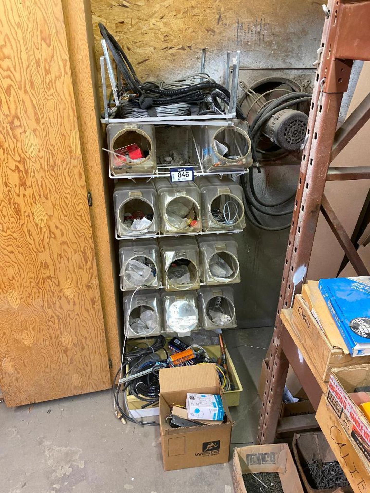 Wire Frame Parts Shelf w/ Plastic Bins and Contents including Asst. Wiring, Parts, etc. - Image 2 of 2