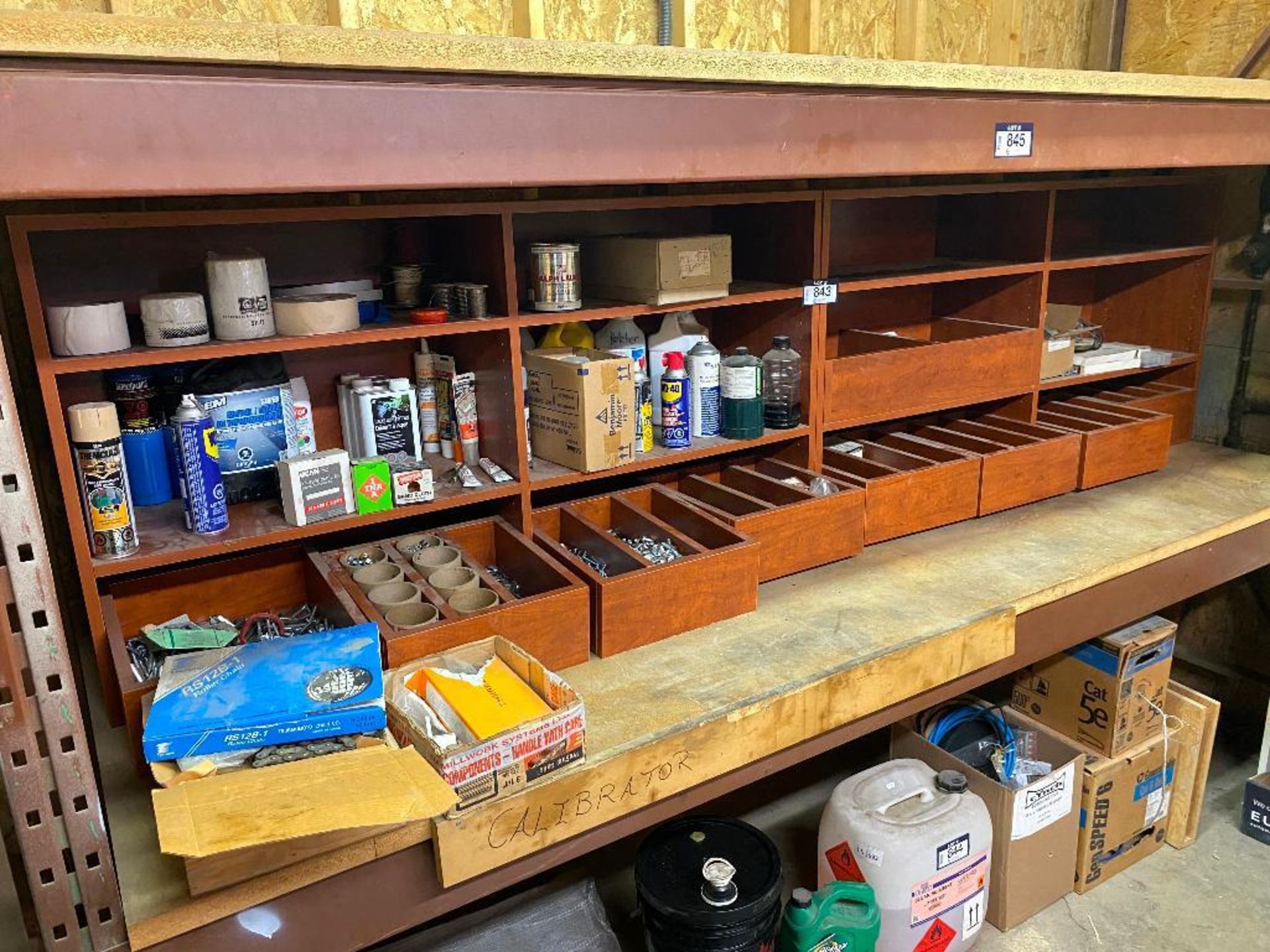 Lot of (2) Shelves w/ Asst. Nuts, Bolts, Screws, Coolant, Aerosols, etc.