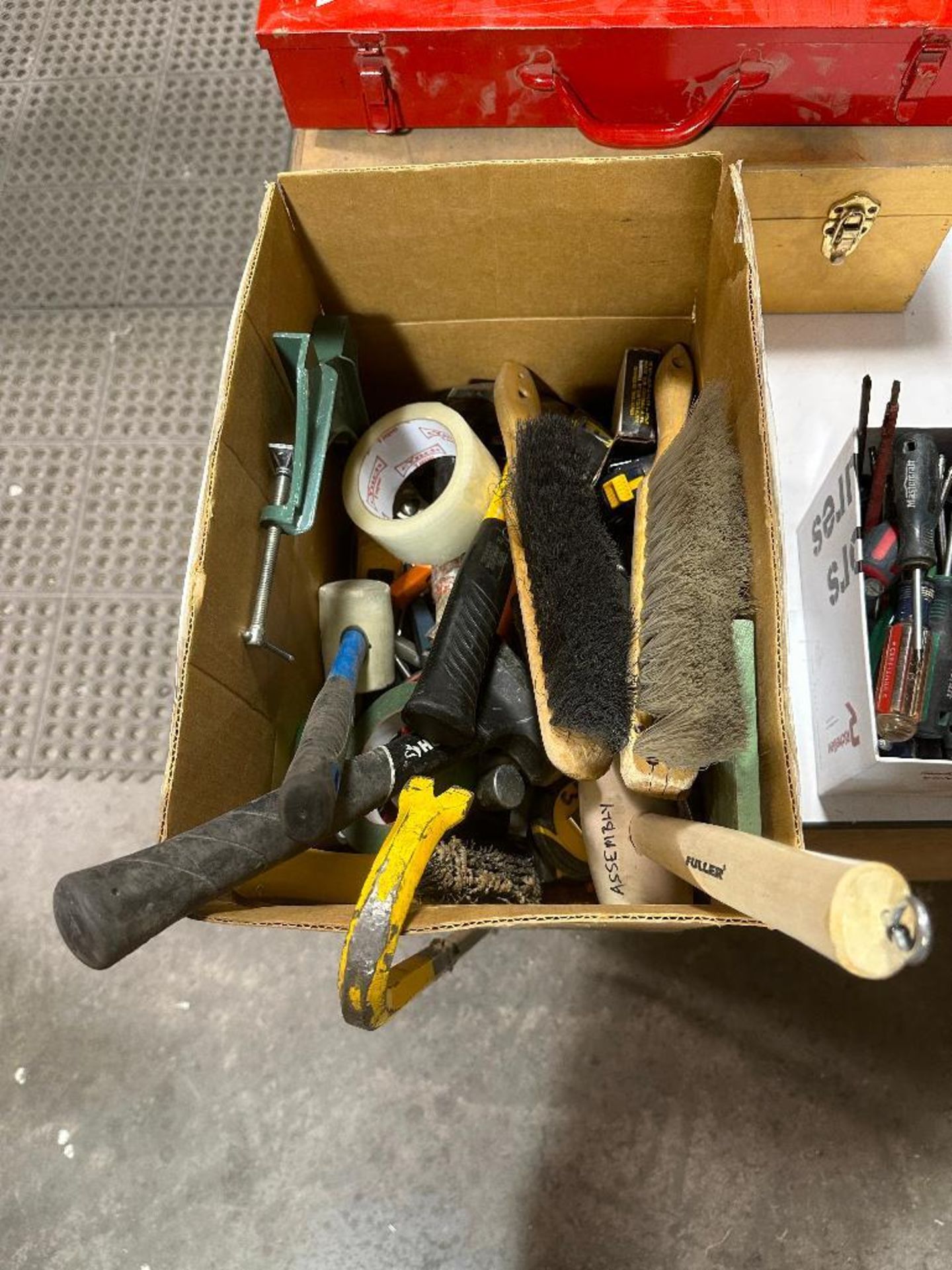 Box of Asst. Tools including Pry Bar, Tape, Brushes, Right Angle Clamp, etc. - Image 2 of 3
