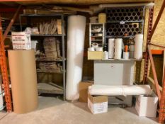 Lot of Shipping/ Packaging Area including Packing Material, Shelves, Counter, etc.