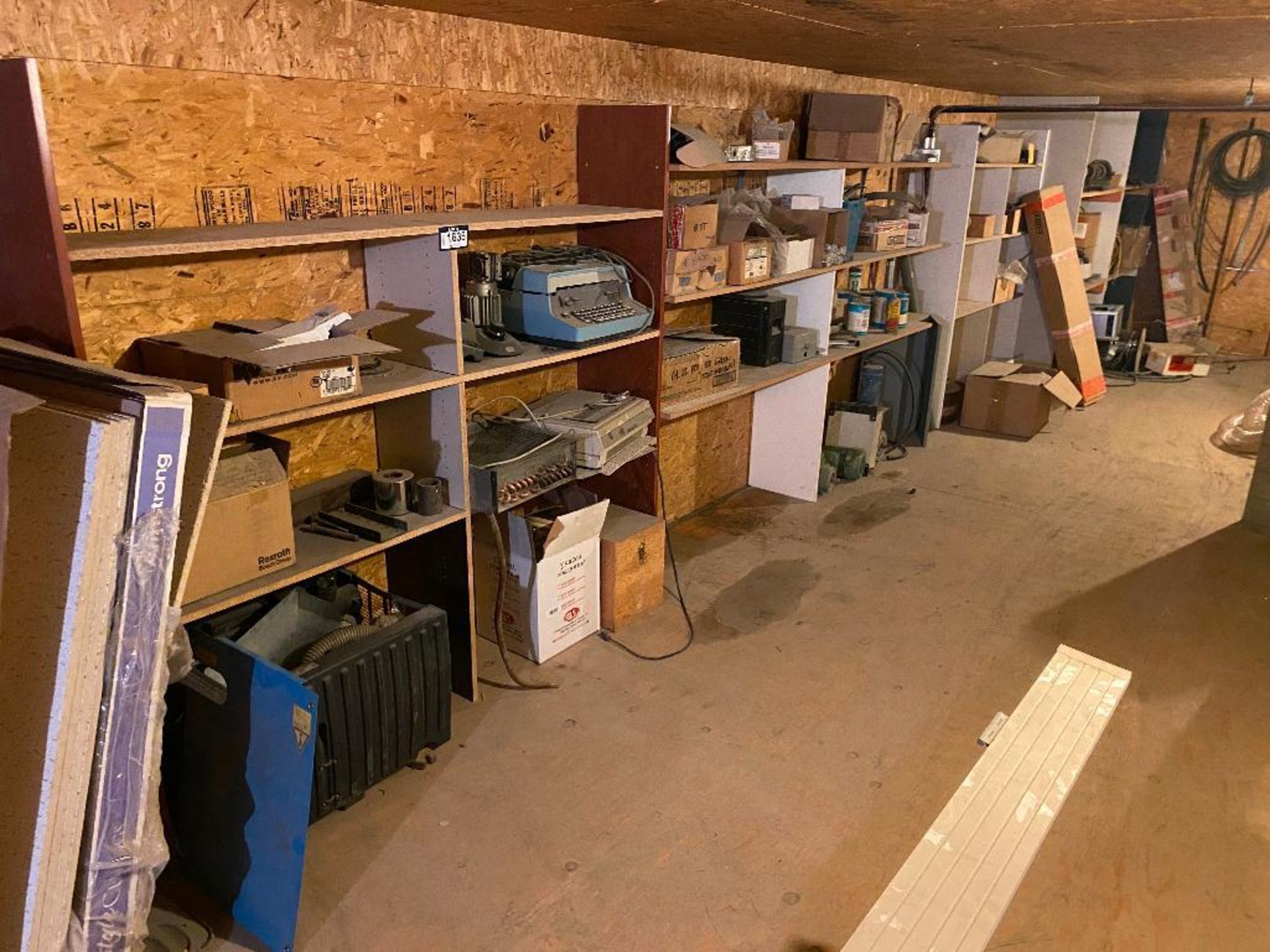 Lot of Contents of Shelving on Mezzanine Including Typewriters, Electric Motors, Wiring, Casters, Ho