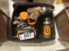 Lot of Ridgid 12V 3/8” Cordless Drill w/ (2) Batteries, Charger, Flashlight