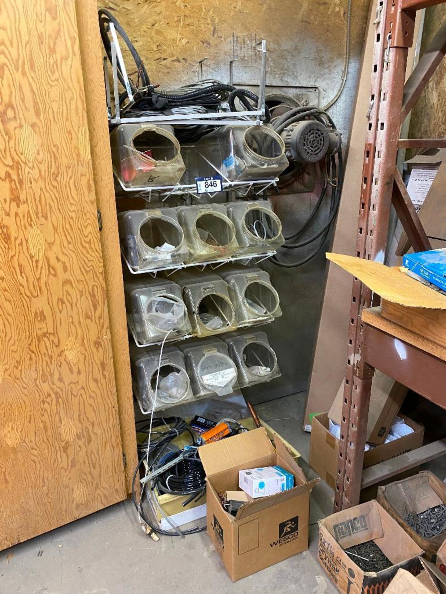 Wire Frame Parts Shelf w/ Plastic Bins and Contents including Asst. Wiring, Parts, etc.