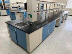 300" Mott Double Sided Laboratory Work Bench with Double Overshelf & Stainless Steel Sink