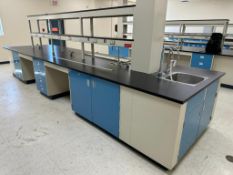 228" Mott Double Sided Laboratory Work Bench with Double Overshelf & Stainless Steel Sink