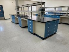 228" Mott Double Sided Laboratory Work Bench with Double Overshelf & Stainless Steel Sink