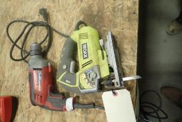 Lot of Milwaukee 3/8" Drill and Ryobi Jigsaw.