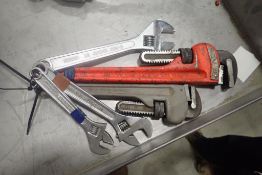 Lot of (2) Pipe Wrenches and (3) Crescent Wrenches.