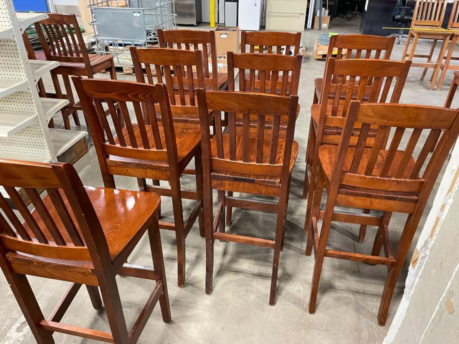 LOT OF (10) SLAT BACK WOOD BAR HEIGHT CHAIRS - Image 8 of 10