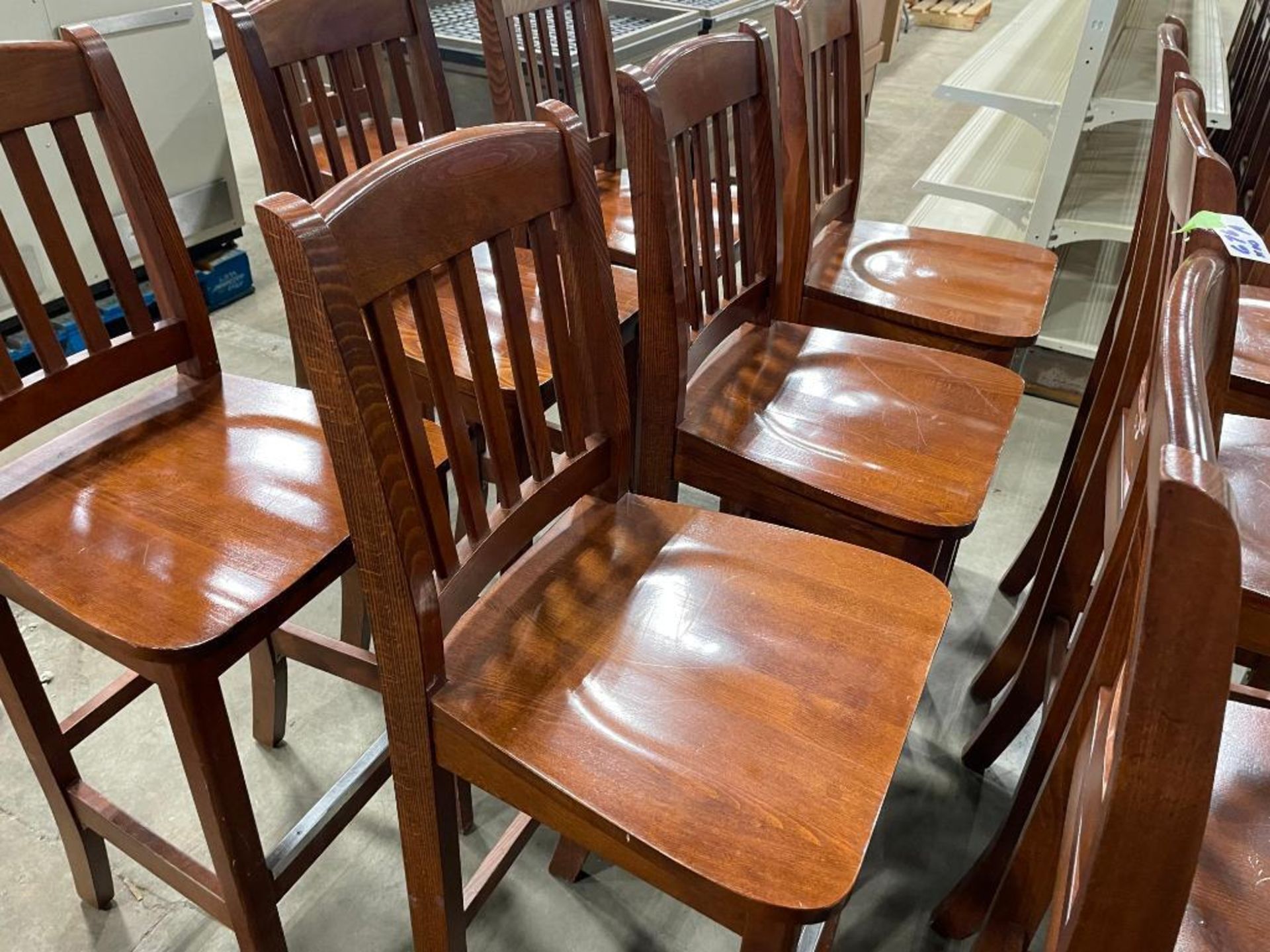 LOT OF (10) SLAT BACK WOOD BAR HEIGHT CHAIRS - Image 5 of 10