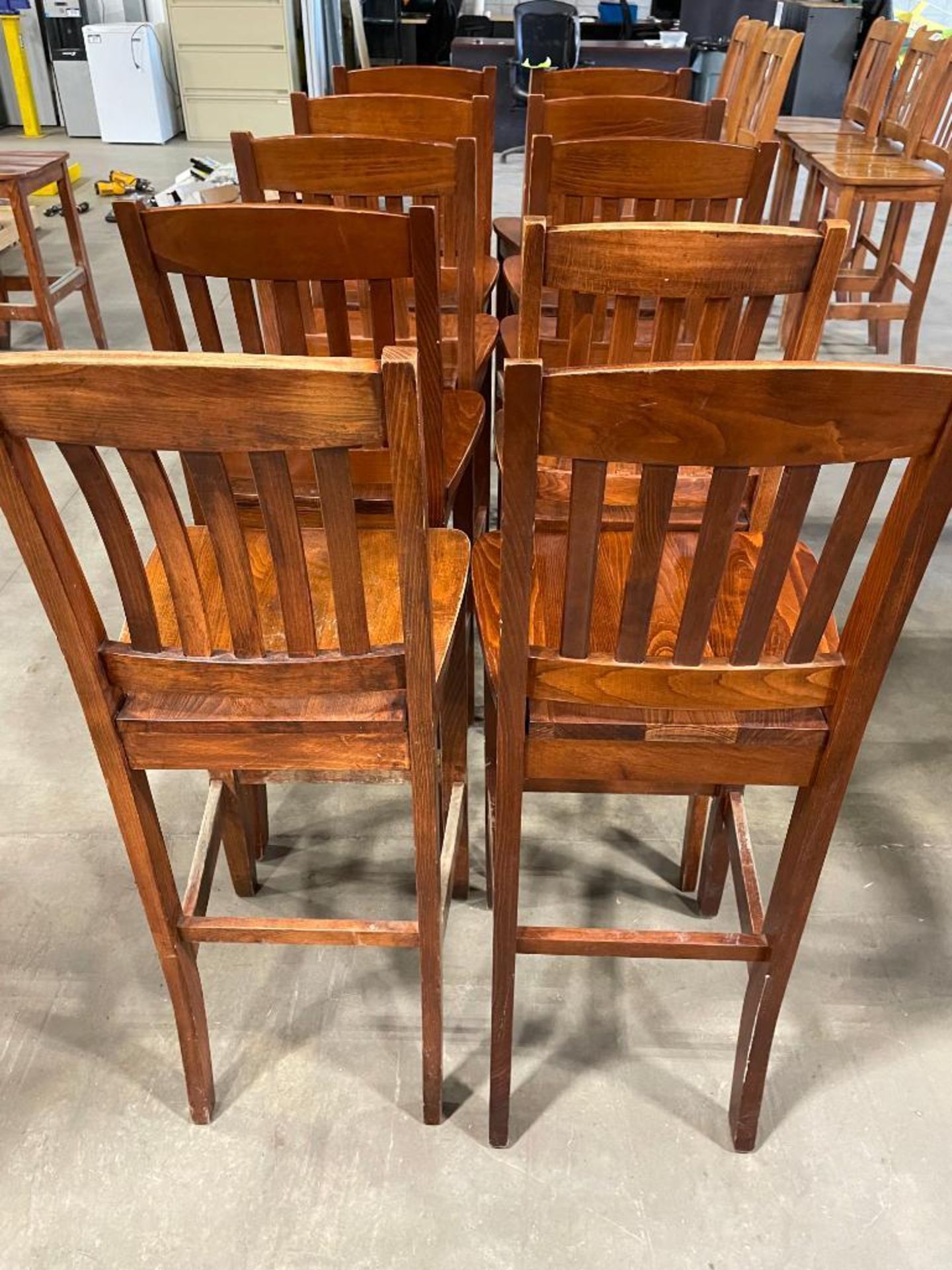 LOT OF (10) SLAT BACK WOOD BAR HEIGHT CHAIRS - Image 9 of 11