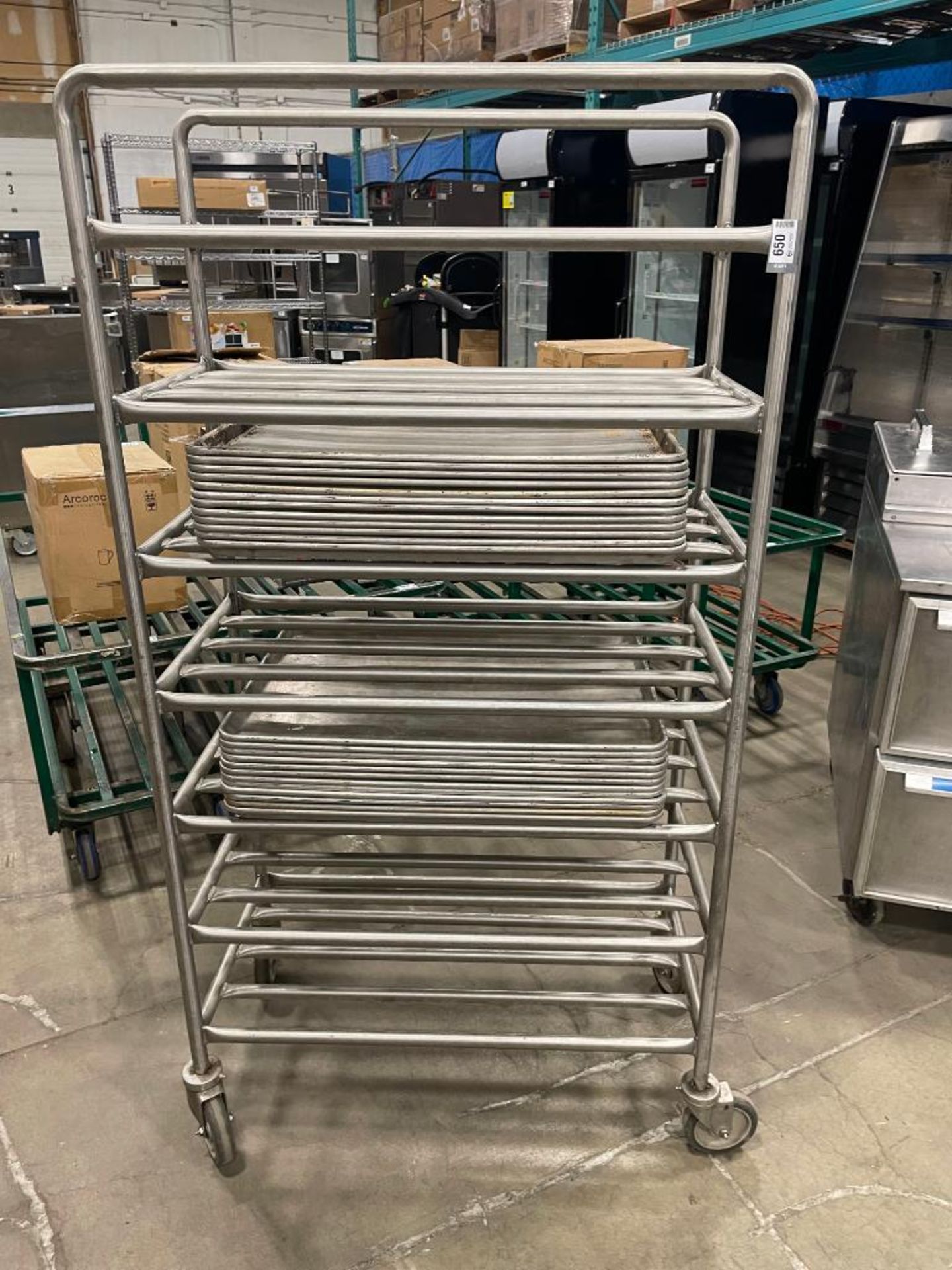 7 TIER STAINLESS STEEL MOBILE PLATTER CART WITH (24) FULL SIZE BUN PANS - Image 5 of 6