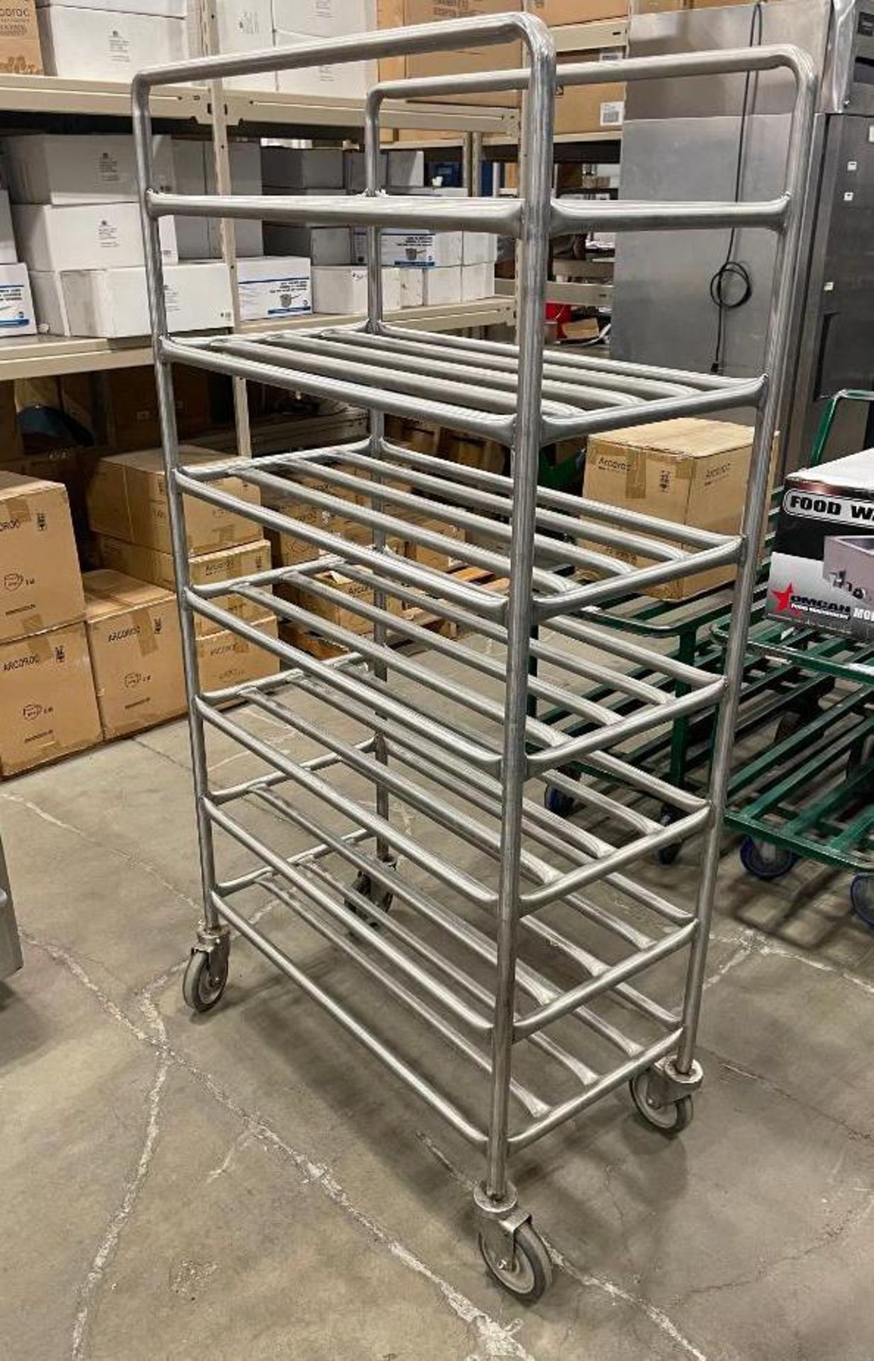 7 TIER STAINLESS STEEL MOBILE PLATTER CART WITH (24) FULL SIZE BUN PANS - Image 3 of 6