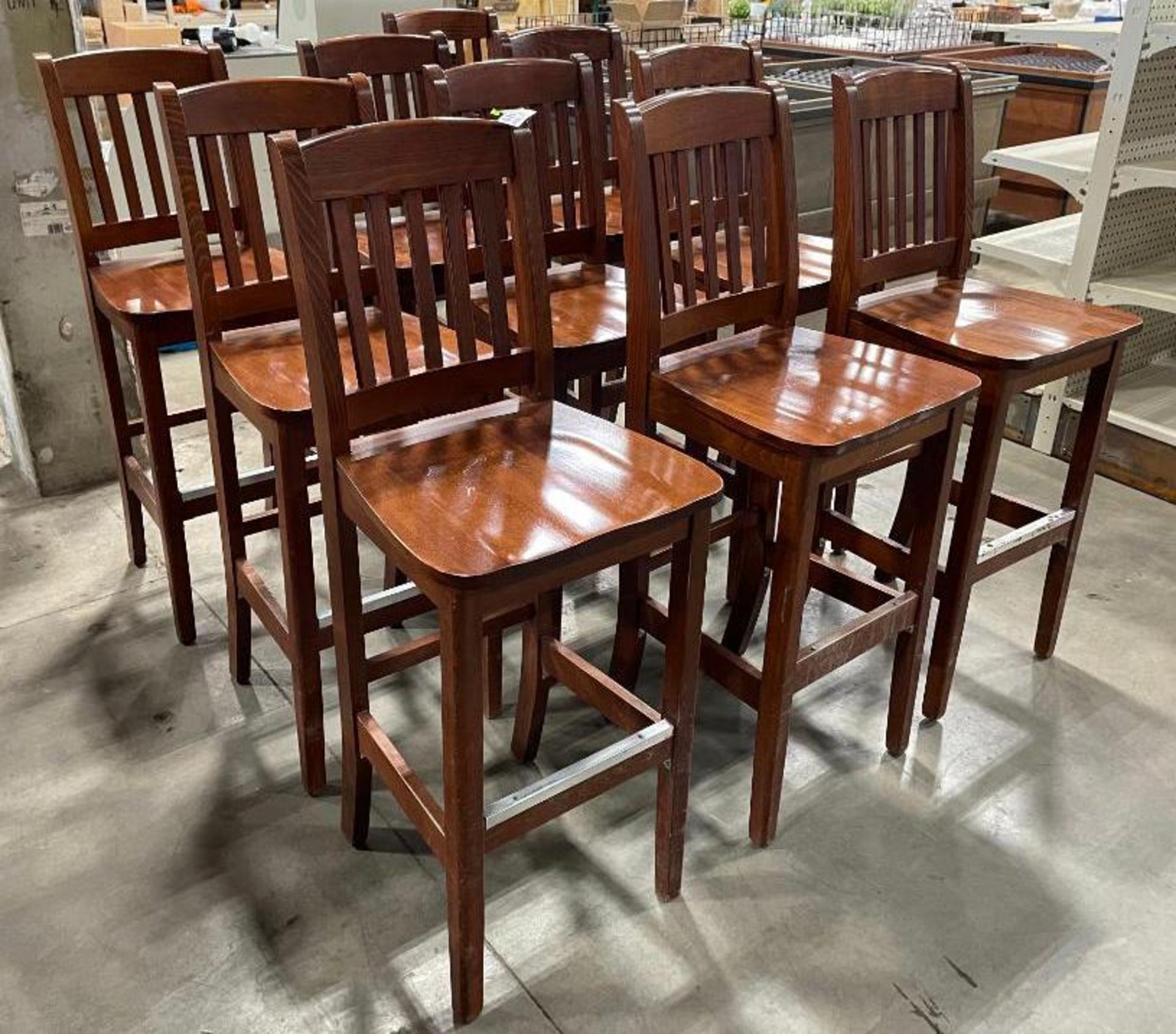 LOT OF (10) SLAT BACK WOOD BAR HEIGHT CHAIRS - Image 2 of 10