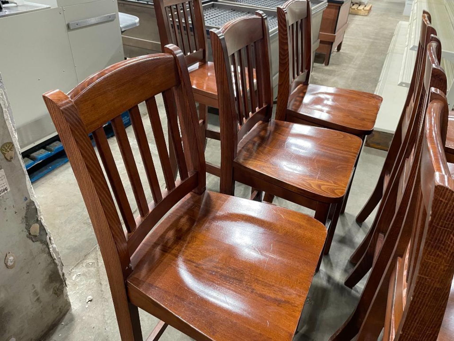 LOT OF (10) SLAT BACK WOOD BAR HEIGHT CHAIRS - Image 6 of 10