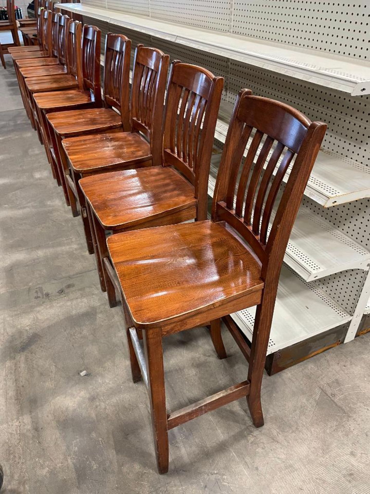 LOT OF (10) SLAT BACK WOOD BAR HEIGHT CHAIRS - Image 6 of 8