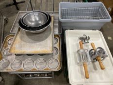 LOT OF ASSORTED BUN PANS, STAINLESS STEEL MIXING BOWLS & DONUT CUTTERS