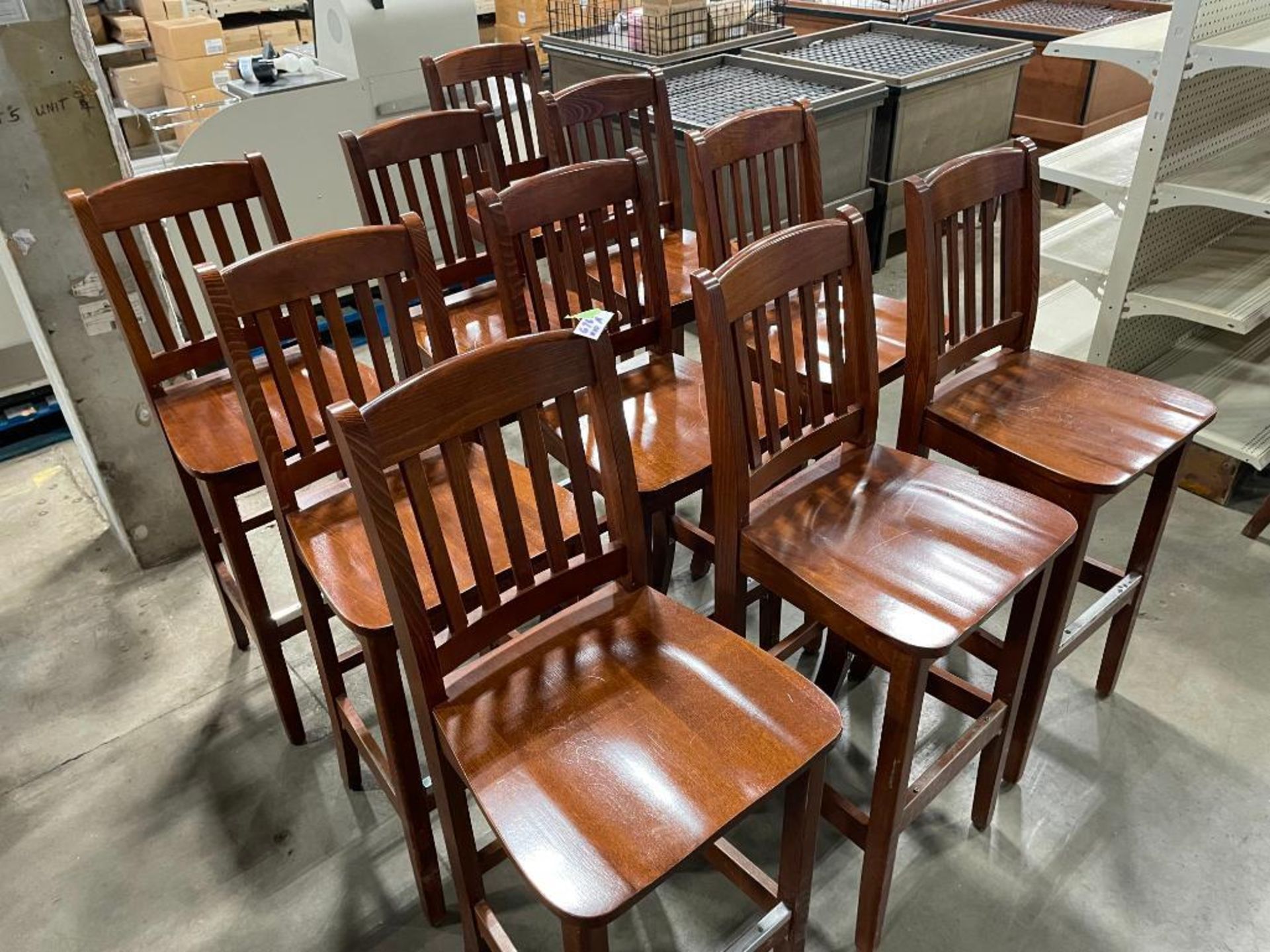 LOT OF (10) SLAT BACK WOOD BAR HEIGHT CHAIRS - Image 3 of 10