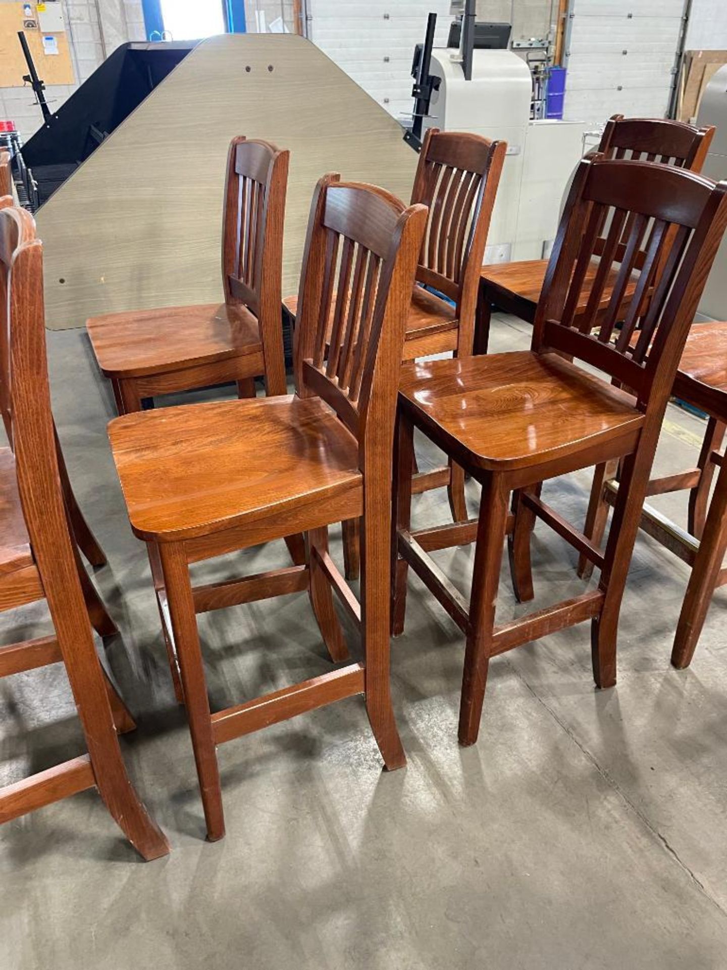 LOT OF (10) SLAT BACK WOOD BAR HEIGHT CHAIRS - Image 6 of 11