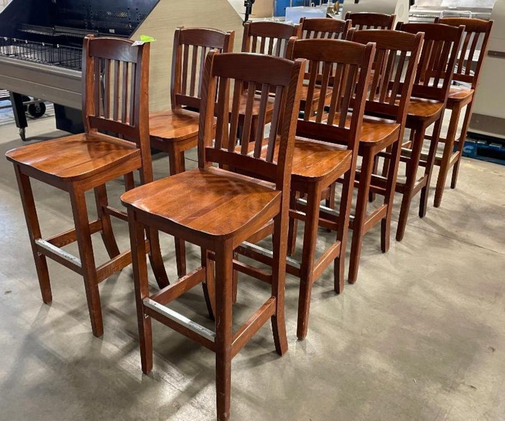 LOT OF (10) SLAT BACK WOOD BAR HEIGHT CHAIRS - Image 3 of 11