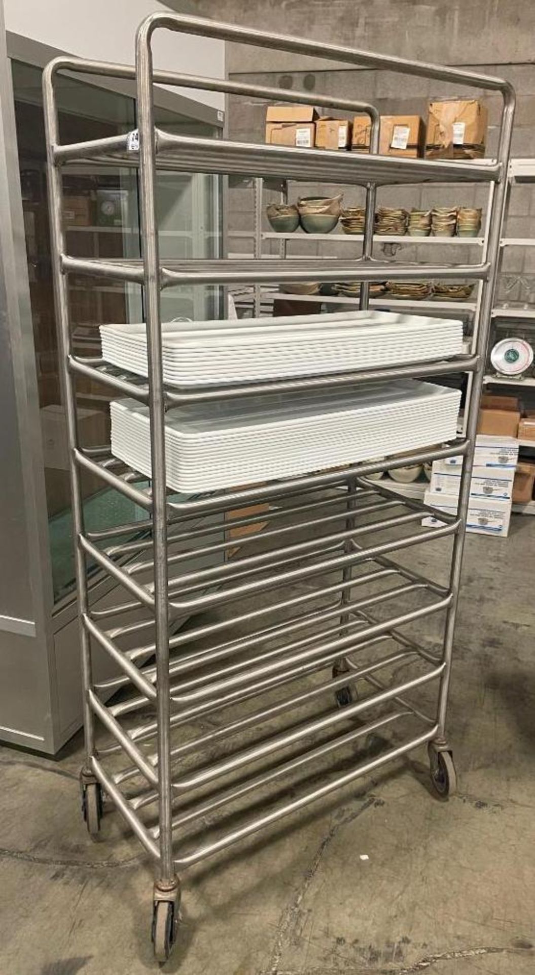 8 TIER STAINLESS STEEL MOBILE PLATTER CART WITH (24) PLASTIC PLATTERS