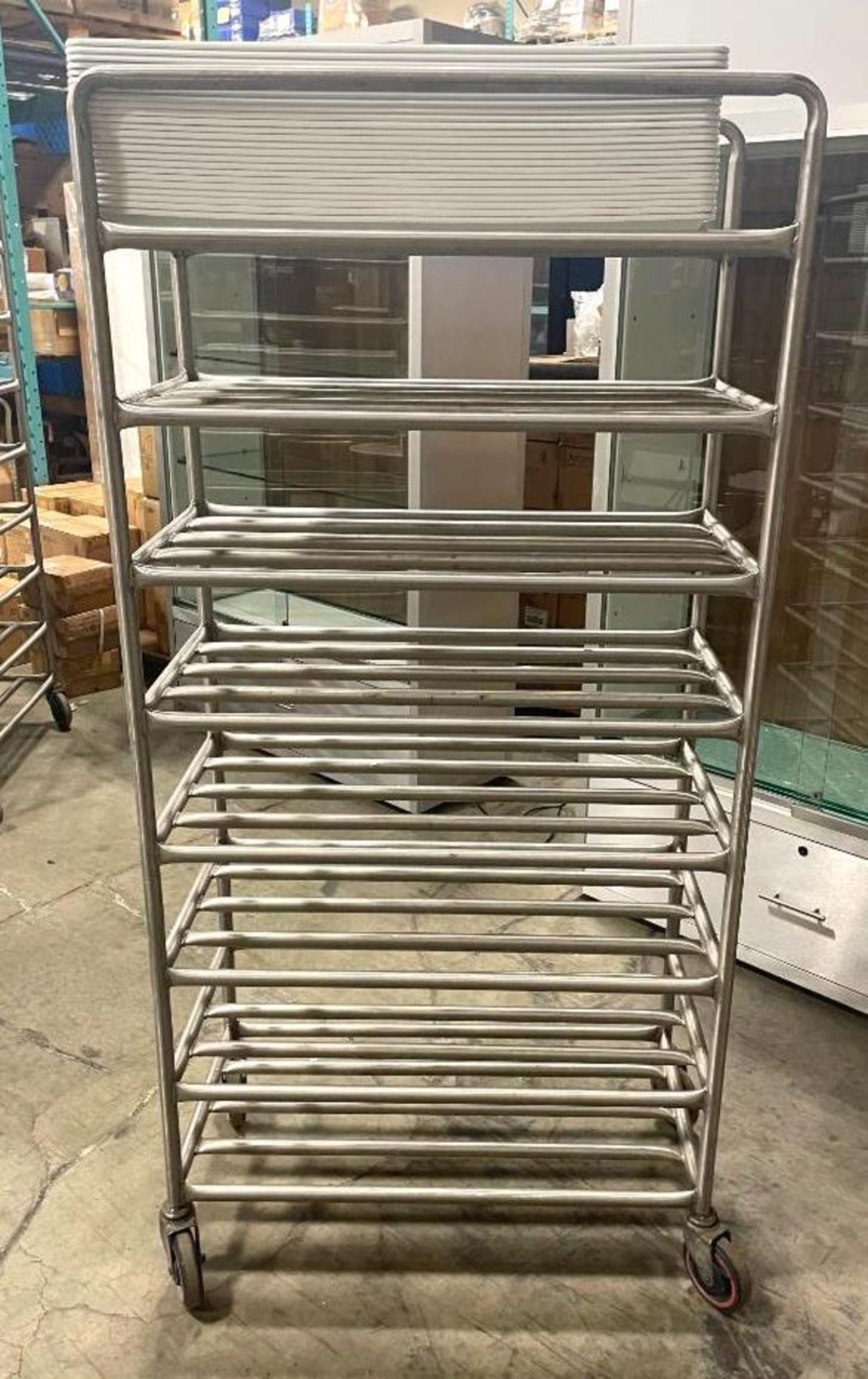 8 TIER STAINLESS STEEL MOBILE PLATTER CART WITH (24) PLASTIC PLATTERS