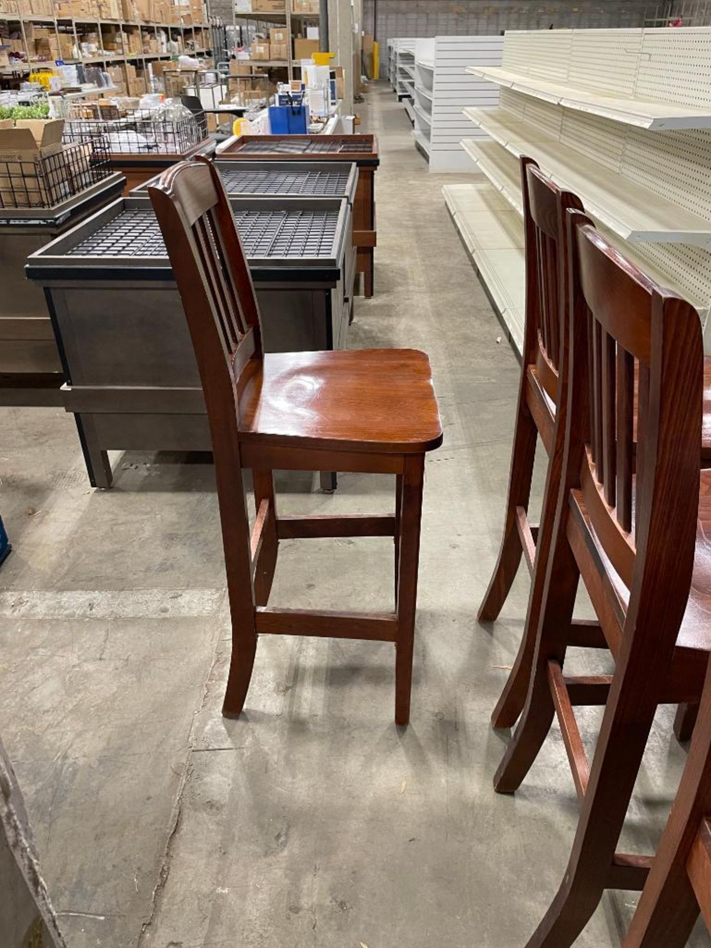 LOT OF (10) SLAT BACK WOOD BAR HEIGHT CHAIRS - Image 7 of 10