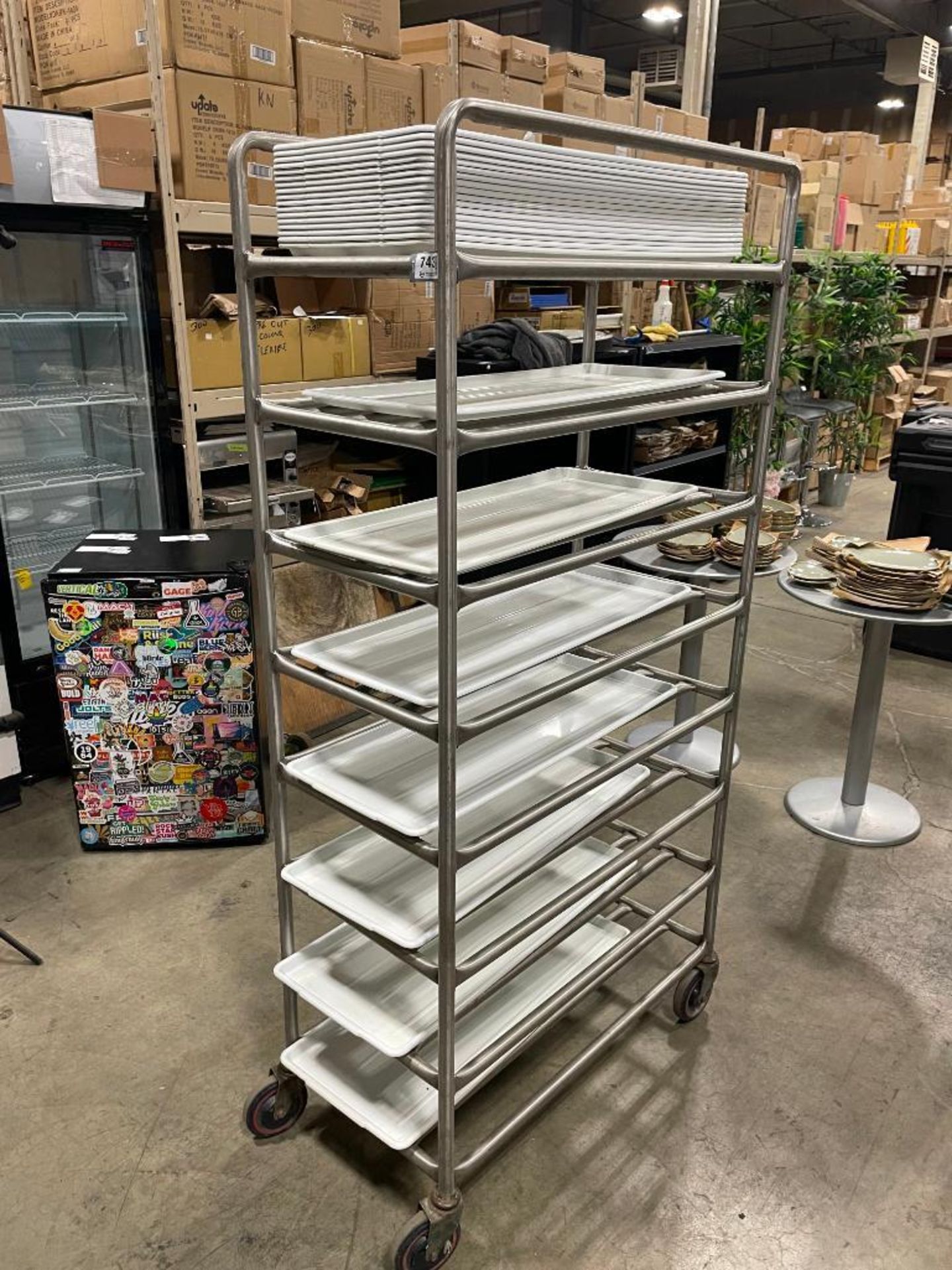 8 TIER STAINLESS STEEL MOBILE PLATTER CART WITH (24) PLASTIC PLATTERS - Image 9 of 10