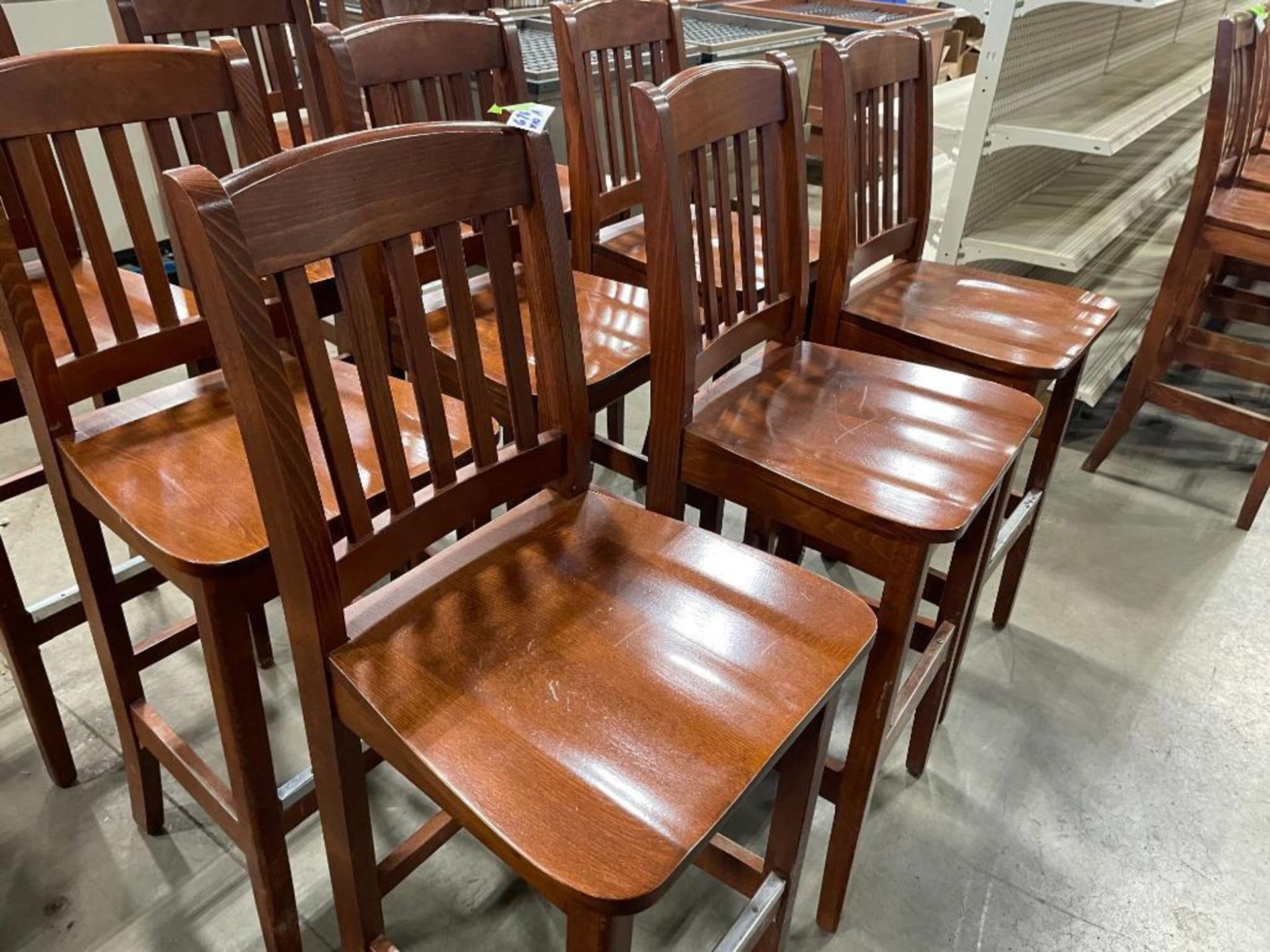 LOT OF (10) SLAT BACK WOOD BAR HEIGHT CHAIRS - Image 4 of 10
