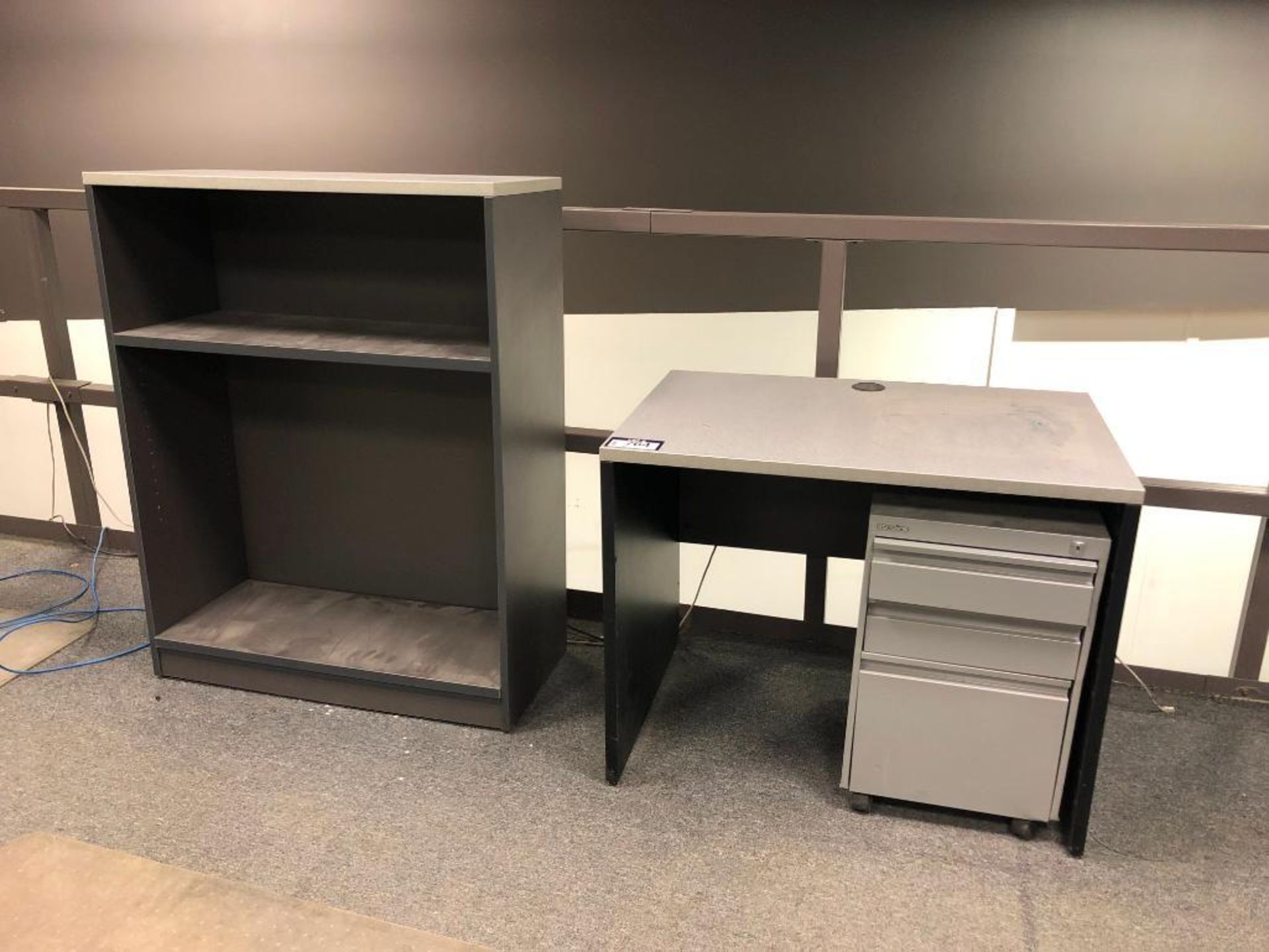 Desk and Bookshelf with Steeline 2-Drawer Filing Cabinet