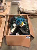 Box of Water Hose, Extension Cords, Table Lamps, etc.