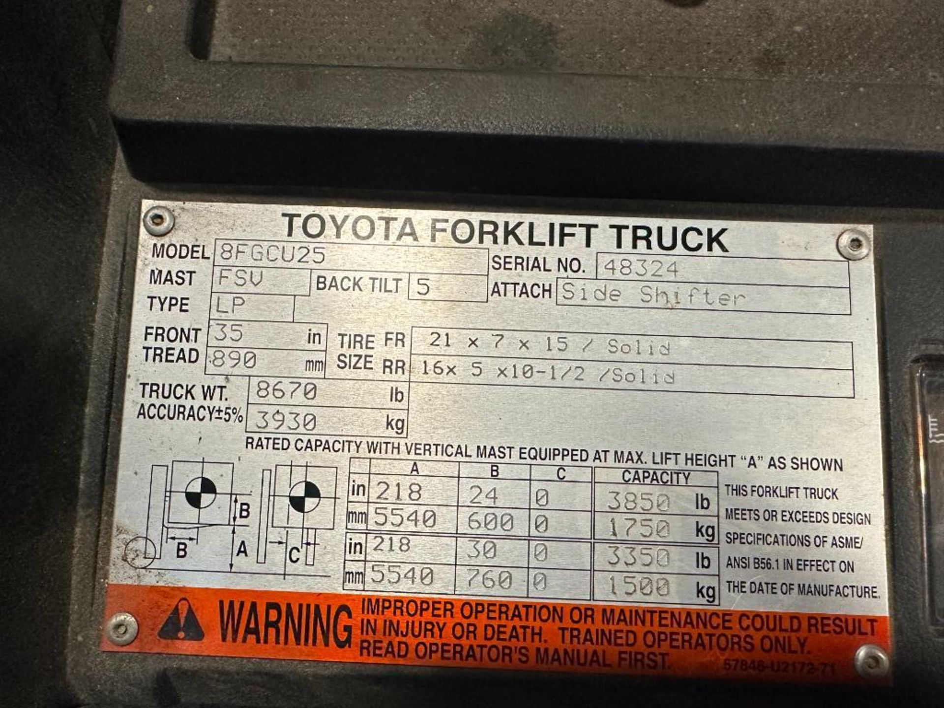 Toyota 8FGCU25 3850lb Forklift, LPG, 3-Stage, Side Shift, 10,005 hrs. Showing - Image 7 of 7