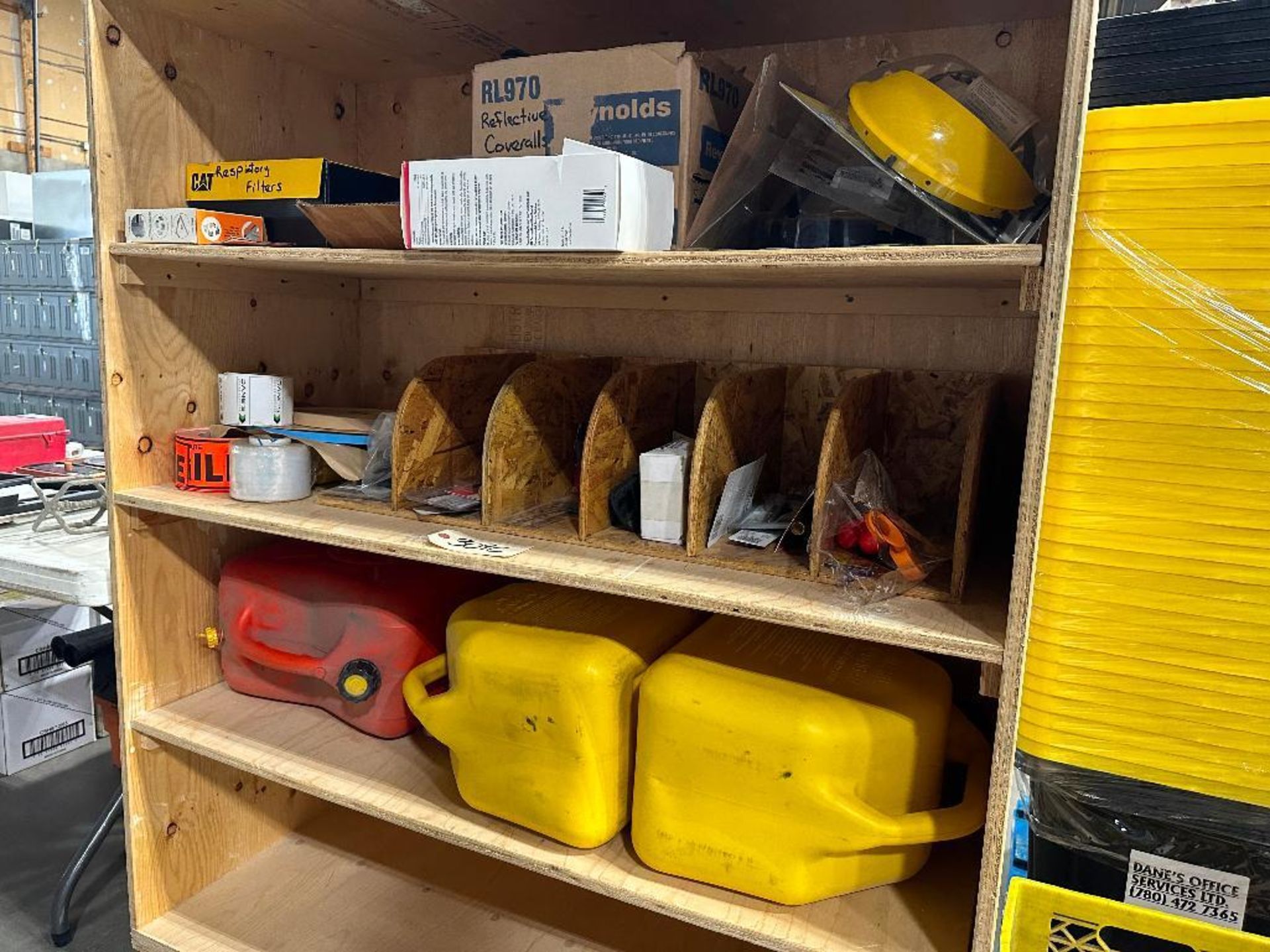 Contents of Wooden Shelf including Fuel Cans, Face Shield Headgear, Straps, etc. - Image 4 of 4