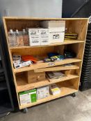 Contents of Wooden Shelf including Binders, Hand Sanitizer, Flags, Mat, Tape Dispenser, etc.