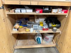 Contents of Wooden Shelf Including Asst. Fasteners, Shims, Chain, Trowels, etc.