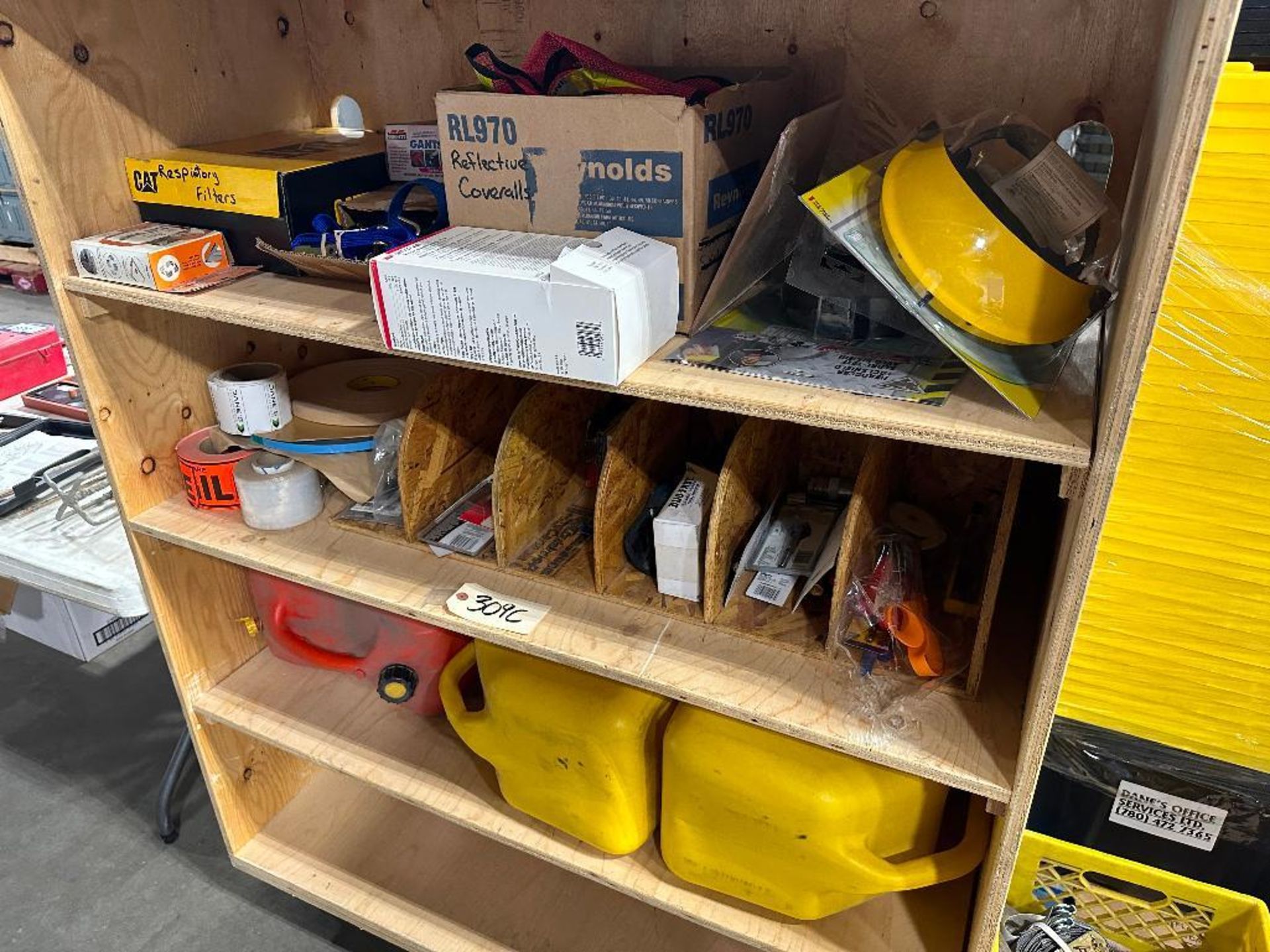Contents of Wooden Shelf including Fuel Cans, Face Shield Headgear, Straps, etc. - Image 3 of 4