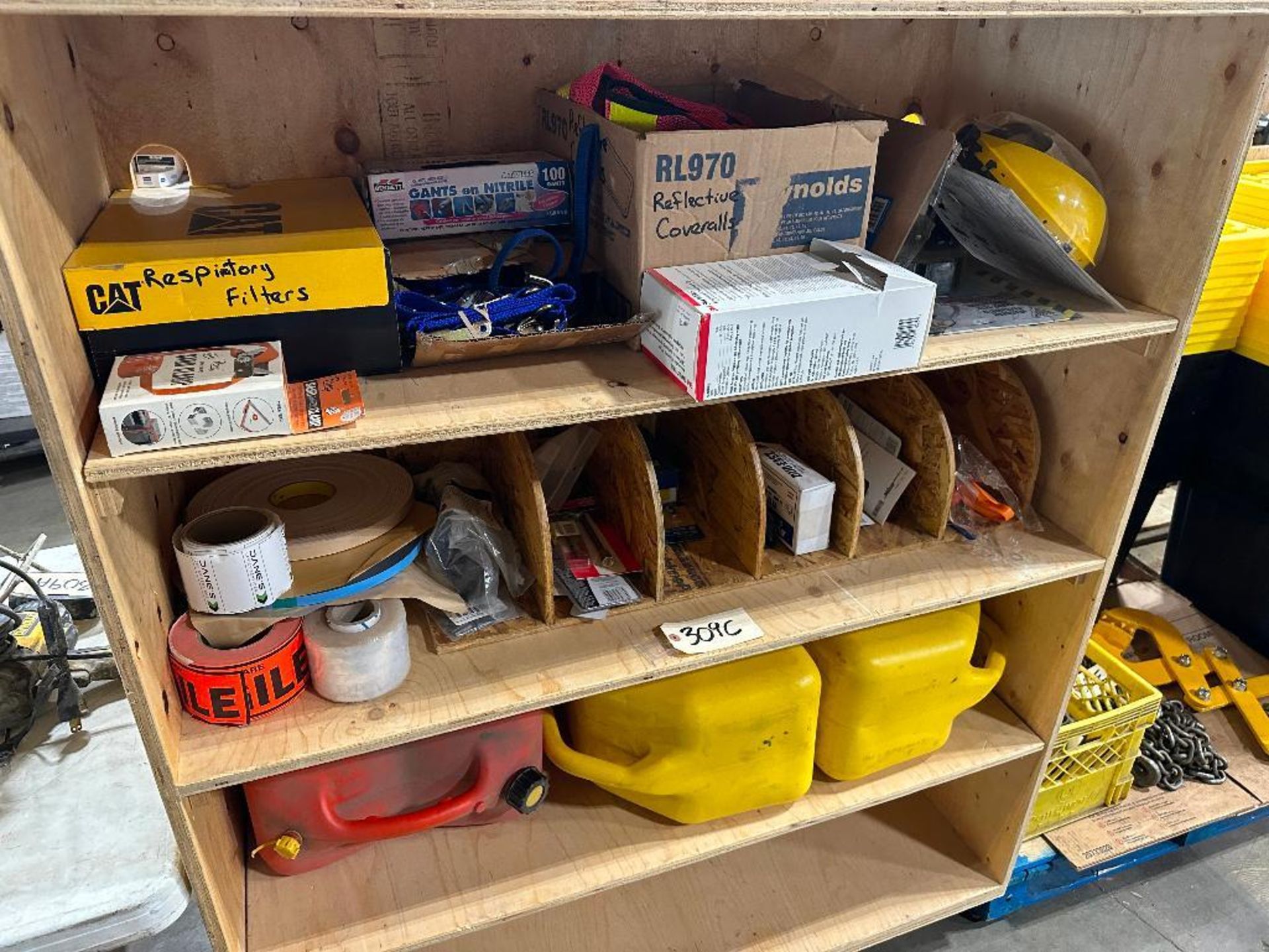 Contents of Wooden Shelf including Fuel Cans, Face Shield Headgear, Straps, etc. - Image 2 of 4