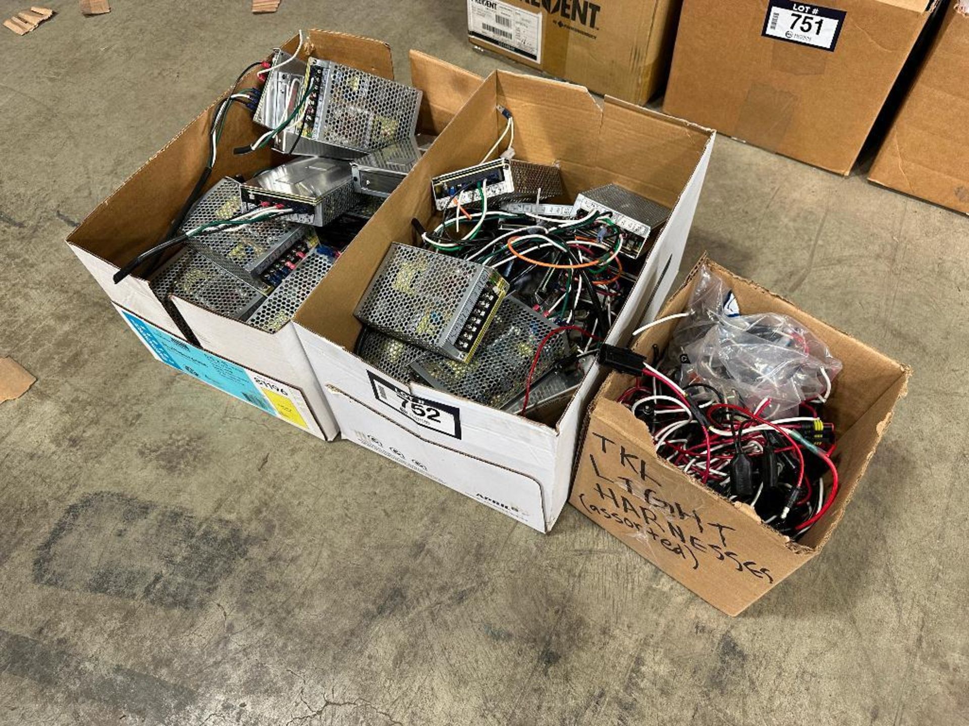 Lot of (2) Boxes of Asst. Mean Well Power Supplies and (1) Box of Asst. Wiring