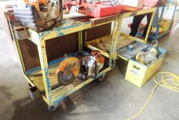 Lot of 2-tier Shop Cart and 2-tier Shop Cart w/Ridgid Pipe Vice.