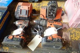 Lot of Ridgid Cordless Drill, Impact, (3) Batteries and (2) Chargers.