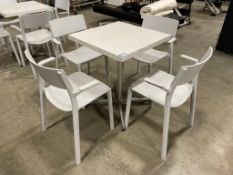 24" SQUARE TABLE WITH (4) GREY PLASTIC ARMCHAIRS