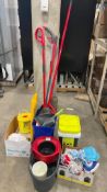 LOT OF ASST. CLEANING SUPPLIES INCLUDING MOP BUCKET, BROOMS, MOPS, ETC.